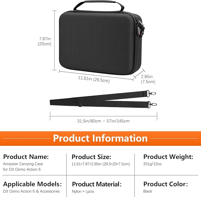 AMAZEAR Carrying Case for DJI Osmo Action 6 Accessories, Compact Hard Shell Carry Bag with Shoulder Strap, Portable Camera Case for Travel, Organization, Storage, Protection, Black
