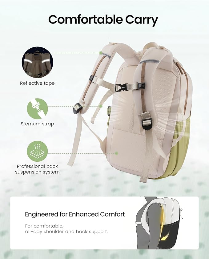 LOVEVOOK Everyday Laptop Backpack for Women & Men With Tumbler Holder,17 Inch Classic Travel Work College Teacher Carry on Backpack Purse,Waterproof Computer laptop Bag Hiking Backpack,Beige-Green
