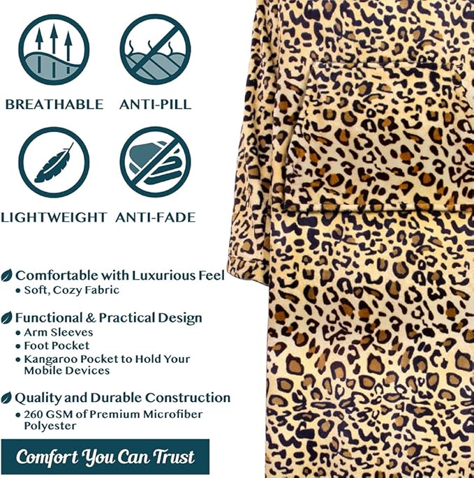 PAVILIA Fleece Blanket with Sleeves, Foot Pockets for Women Men Adults, Plush Wearable Blanket Throw Wrap, Warm Snuggle Blanket Robe, Cozy Gift Ideas Wife Mom, Cheetah Print