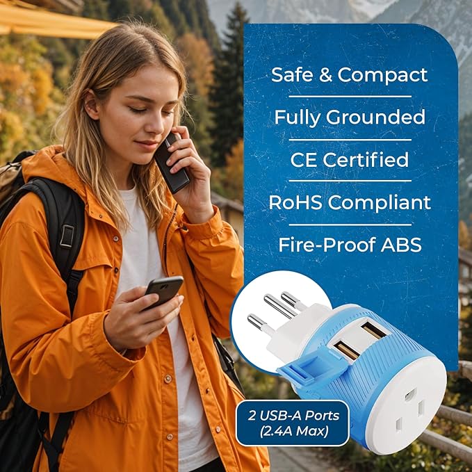 OREI Type J Adapter Switzerland – US to Switzerland Plug Adapter with 2 USB Ports – CE Certified & RoHS Compliant Switzerland Travel Plug Adapter