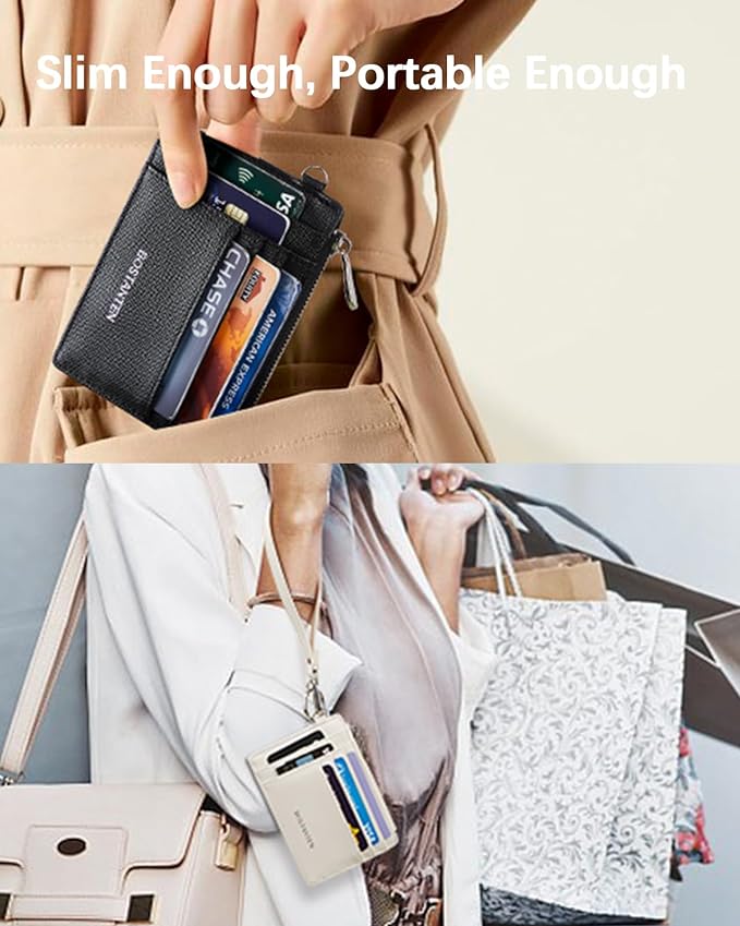 BOSTANTEN Small Wallet For Women RFID Leather Credit Card Holder Slim Wristlet Keychain Wallet With Zipper Pocket, Cherry