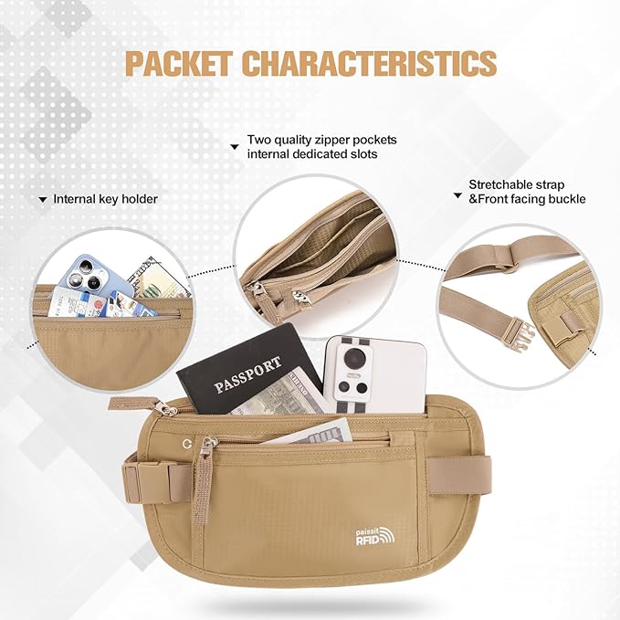 Small Unisex Money Belt For Men and Women, Slim Passport Holder RFID Blocking Travel Essentials Pouch with Adjustable Strap Small Waist Pouch for Workout Running Travelling Hiking, Beige & 8 Sleeves