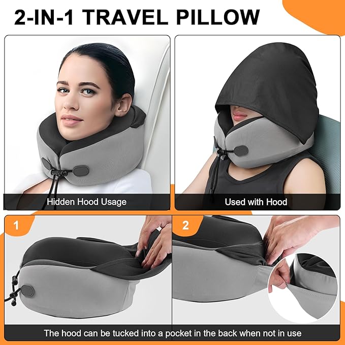 Neck Pillow for Travel - Hooded Memory Foam Plane Pillow for Airplane, Office, Cars Sleeping, Long Flights, Portable Plane Accessories, Includes Eye Mask & Earplugs, Pink