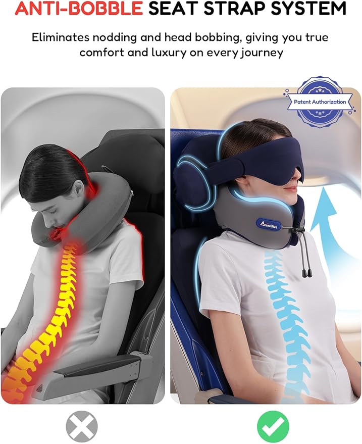 Neck Pillow for Traveling, Travel Pillow for Airplanes with Ergonomic 360° Head Neck Support, Combo with 3D Eye Mask, No Head Bobbing Travel Essentials for Plane,Car,Train,Home-Beige