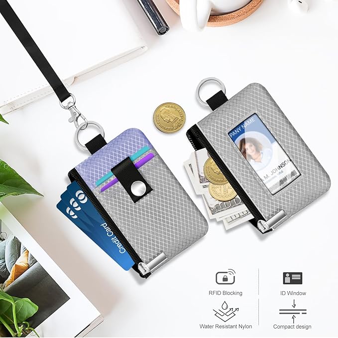 Minimalist RFID Blocking Small Wallet with ID Window,WaterResistant Zip Id Case Wallet with Lanyard Keychain for Cards,Cash,Travel,Women,Men (Light Gray/Lavender Purple)