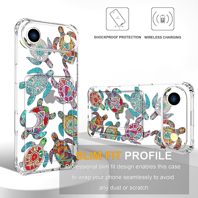 Compatible with iPhone 17 Air Case Card Holder for Women Cute Design,Wallet Phone Cases Transparent Cool Kawaii Protective (Clear Sea Turtles Animal Tribal)