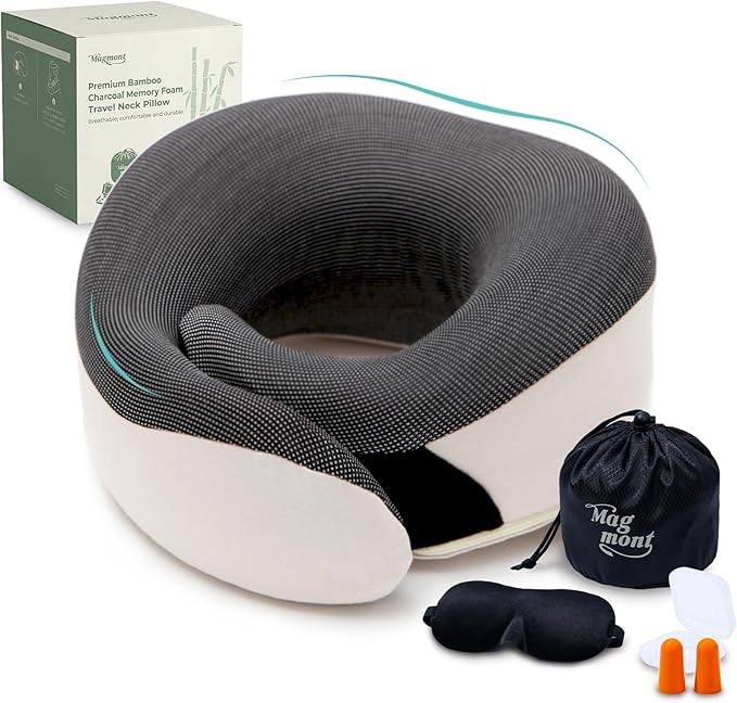 Neck Pillow for Traveling - Bamboo Charcoal Memory Foam with 360° Chin Support for Airplane, Soft & Breathable, Seamless Design, Removable Cover, Travel Accessories Included