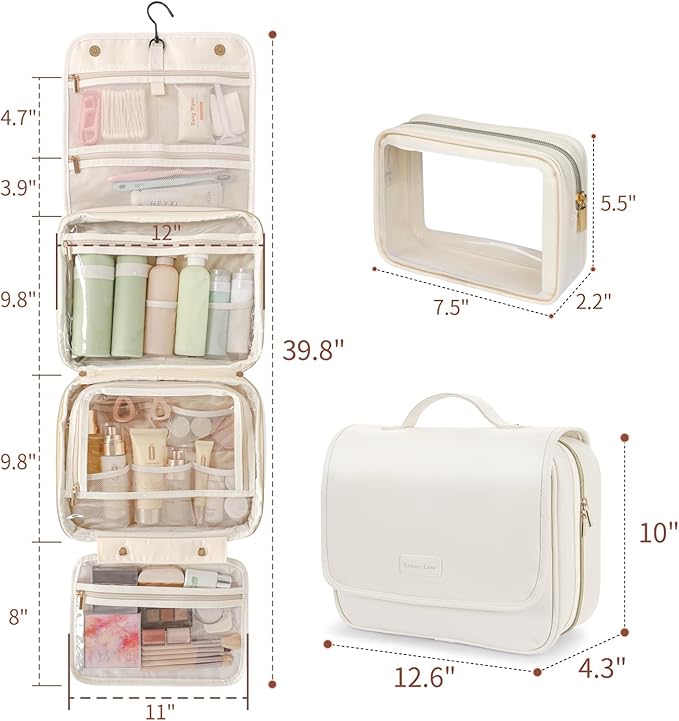 PACKISM Hanging Travel Bag for Traveling with Clear Makeup Bag - Soft Leather Waterproof Travel Toiletry Bag for Full-Sized Toiletries and TSA Approved Toiletry Bag, Off White (L)