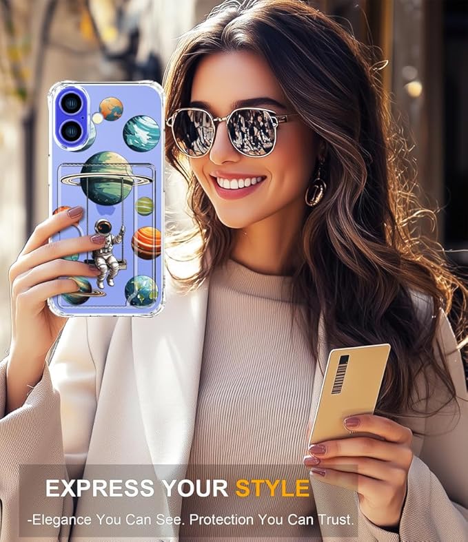 Compatible with iPhone 16 Plus Case Card Holder for Women Cute Design,Wallet Phone Cases Transparent Cool Kawaii Protective (Clear Astronaut Space Planets)