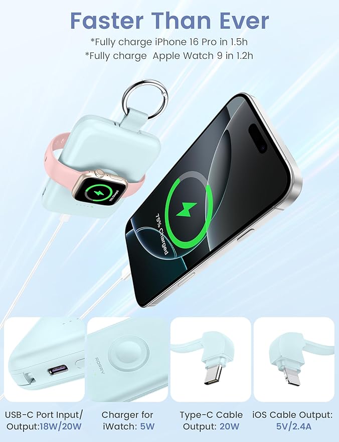 RORRY Portable Charger, 10000mAh PD 20W Fast Charging Portable Charger Power Bank with Built in Cables, Travel Battery Pack for iPhone and Apple Watch Ultra/11/10/9/8/7/6/5, Black