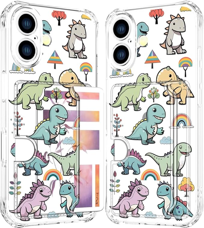 Compatible with iPhone 17 Case Card Holder for Women Cute Design,Wallet Phone Cases Transparent Cool Kawaii Protective (Clear Lovely Dinosaurs)