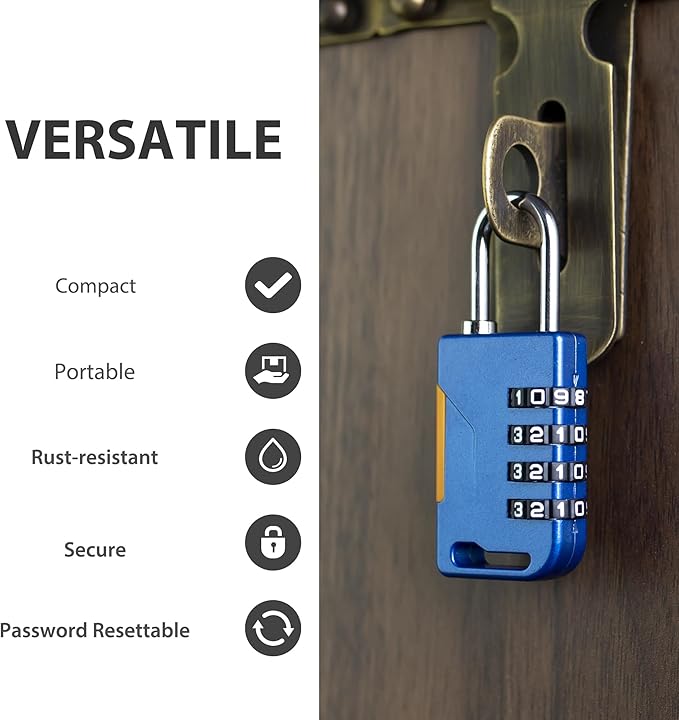 Lock for Gym Locker, Small Combination Lock for Travel Luggage, Combo Padlocks for Outdoor Use, 4 Digit Combination Padlock for Locker, Cabinet, Storage Unit, Suitcase Zipper, Box (Blue)