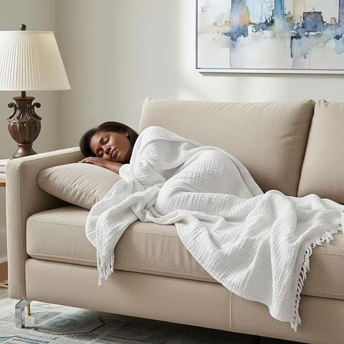 KyraHome 100% Cotton Muslin Blankets for Adults, Couch, 50"x60", Pre-Washed Plant Dyed, Breathable Lightweight Gauze Summer Throw Blanket, All Season (White)