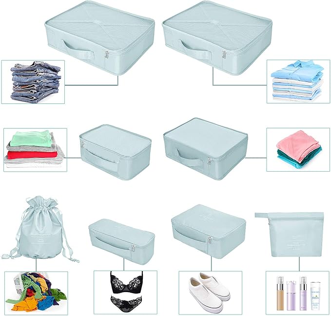 Packing Cubes 8 Sets Travel Luggage Organizers Include Waterproof Shoe Storage Bag Convenient Packing Pouches for Traveller (Blue grey)