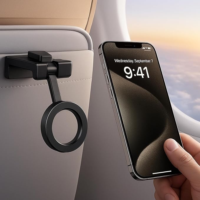 Mizi Airplane Phone Holder – Magnetic Travel Phone Mount for Airplane Seat Back, Hands-Free Flight Essentials Compatible with iPhone 17-12 Pro Max/Air/Plus/Mini with Magnetic Case - Black
