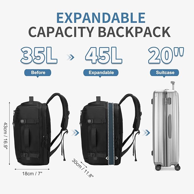 35L Travel Backpack 17" Laptop Backpack W/USB-C Port, Expandable Carry-On Bag, TSA Flight Approved Water-Resistant for Business College, Black