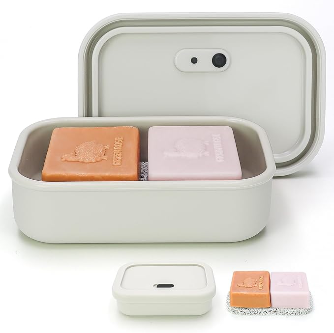 AIDIMMING Enhanced Leak Proof Travel Soap Case,Shatterproof Silicone Soap Holder for Traveling, Shampoo and Conditioner Bars Dish with Slip Soap Saver Pad,Portable Soap Box (Offwhite&Offwhite)