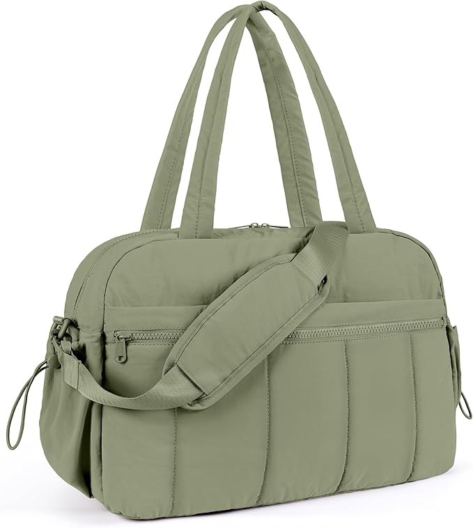 Lightweight Travel Duffle Bag for Women, Quilted Puffy Weekender with Wet Pocket for Gym, Overnight, Personal Item Carry On, Green