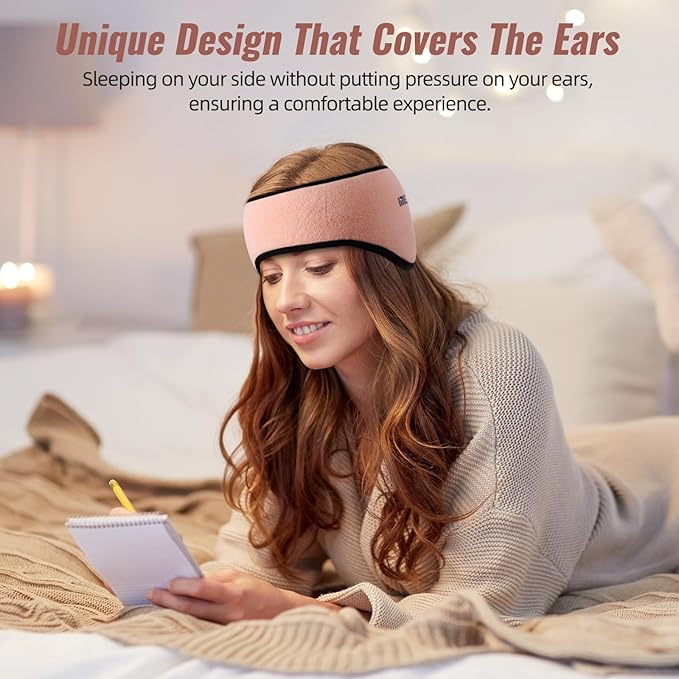 Plush Sleep Mask - Adjustable Headband, 2 in 1 Eye & Ear Mask for Men & Women, Soft Eye Cover for Side Sleepers (Pink)