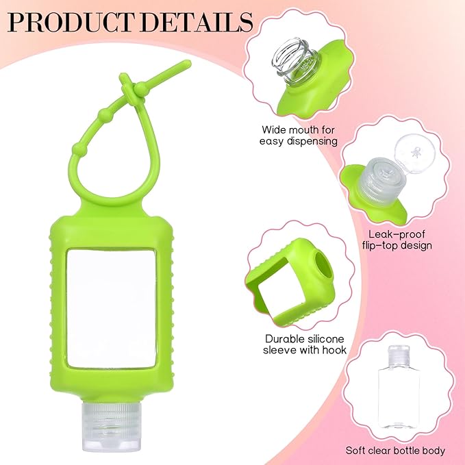 5 Pack Travel Size Hand Sanitizer Holder with Silicone Sleeve, 2 oz Refillable Plastic Empty Bottles Leakproof Flip Cap Squeeze Containers Portable Keychain Bottle for Backpack Travel Outdoor
