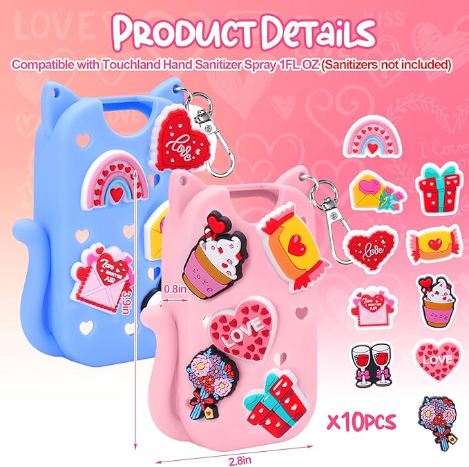 Mity rain Valentine Cat Silicone Case for Touchland Mist 1 FL OZ Hand Sanitizer Spray, Portable Travel Keychain with 10 Love Charms, Ideal Valentine’s Day Gifts for (Him/Her) your belove