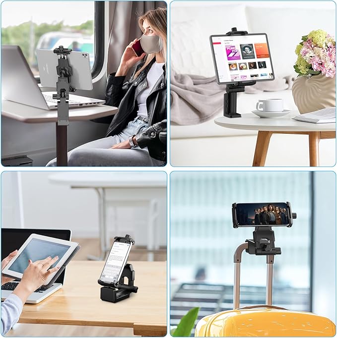 KDD Airplane Tablet Holder Mount, Adjustable Travel Essentials iPad Phone Stand with 360 Degree Rotation, Portable Tesla Model 3/Y Car Headrest Mount Compatible with iPad, Cell Phone