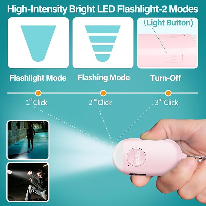 Hion Personal Safety Alarm for Women, 2 Pack Rechargeable 130dB Self Defense Alarm Keychain with LED Flashlight, Emergency Safe Sound Security for Children Elderly College Girls Men, Pink+Blue