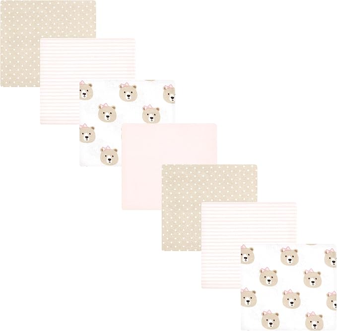 Hudson Baby Unisex Baby Cotton Flannel Receiving Blankets Bundle, Pink Taupe Bear, One Size