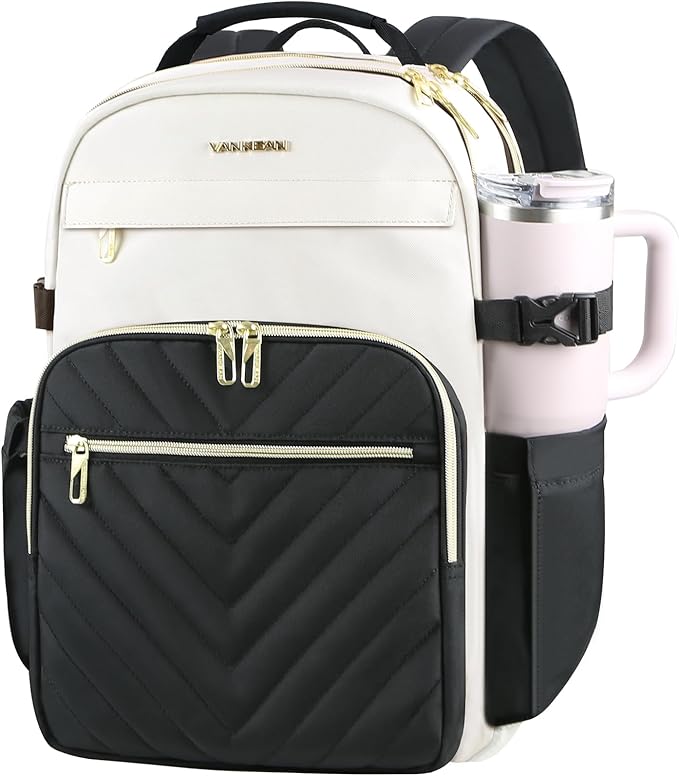 VANKEAN Laptop Backpack for Women with Giant Tumbler Holder Pocket,17.3 inch School College Book Bag Nurse Teacher Backpack,Waterproof Work Travel Backpack Purse Laptop Computer Bag, Bags Beige-Black