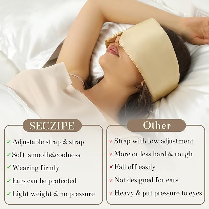 SECZIPE 100% Mulberry Silk Sleep Mask Eye Mask for Women Man with Adjustable Band, for Side Sleeper Blackout Sleep Mask for Travel Rest and Office (Gold)
