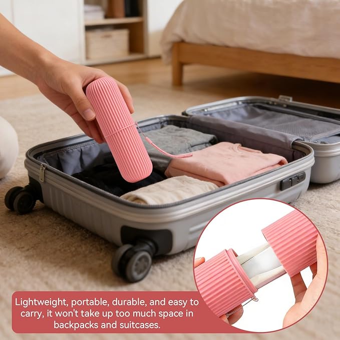Cyrank Toothbrush Travel Case, Portable Toothbrush Cup Case Box Container Plastic Travel Tooth Brush Box Tooth Brush Holders for Traveling(Pink)