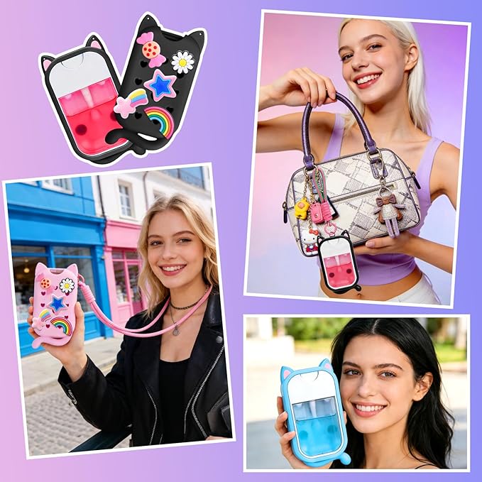 Mity rain Hand Sanitizer Spray Case Compatible With Touchland, Cute Silicone Hand Sanitizer Holder Keychain with 4 Charms, Portable Refillable Sanitizer Accessory, Gift for Women And Teens