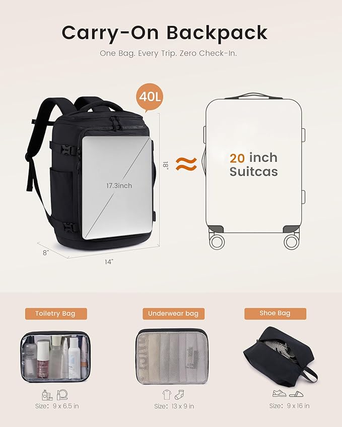 LOVEVOOK Travel Backpack for Women & Men, 40L TSA Approved Carry On Backpack with 3 Packing Cubes, Waterproof Weekender Overnight Bag for 2-4 Day Trips, Business & Travel Essentials, Black
