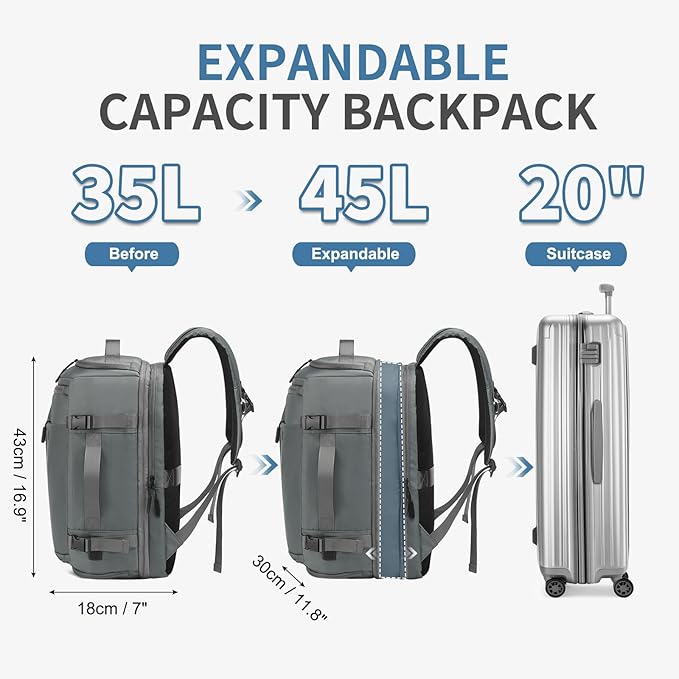 35L Travel Backpack 17" Laptop Backpack W/USB-C Port, Expandable Carry-On Bag, TSA Flight Approved Water-Resistant for Business College, Grey