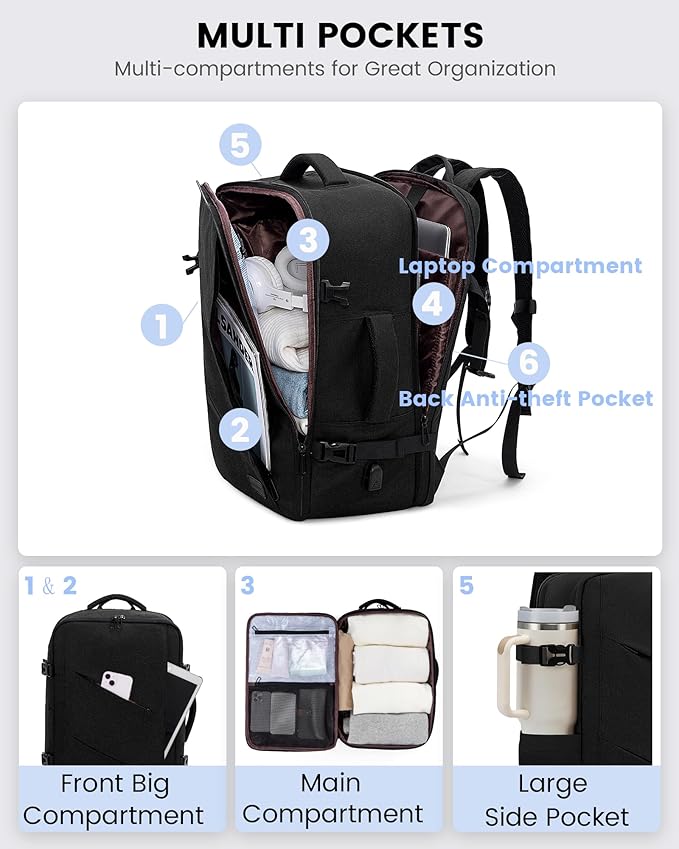 LOVEVOOK Carry on Travel Backpack, Large 40L for Men & Women Flight Approved with USB Charging Port&3 Packing Cubes, Large Suitcase Water Resistant Luggage Daypack Busi, Beige-Black