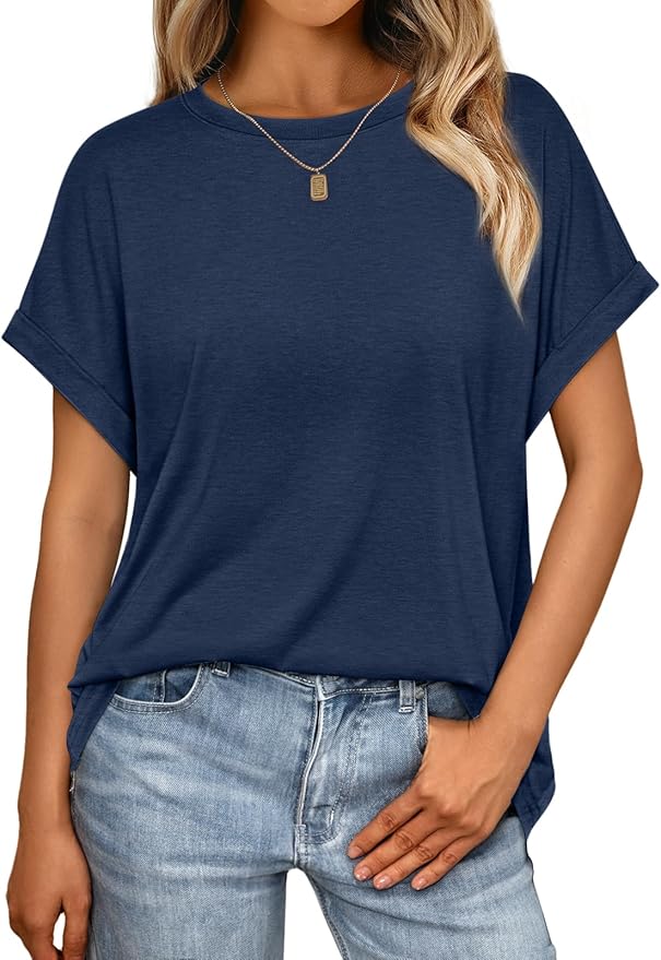 AUTOMET Women's Oversized Short Sleeve T Shirts Casual Drop Shoulder Rolled Cuff Summer Tops for Work, Travel and Lounge
