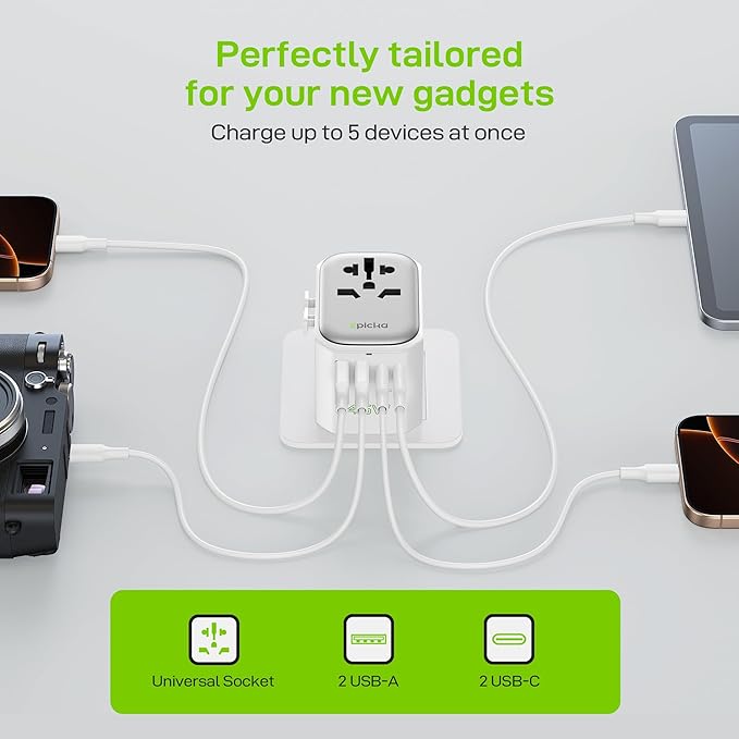 EPICKA Pulse 45W International Power Adapter, Universal Travel Adapter with PD Fast Charging, 5-Port (1 AC/2 USB-A/2 USB-C) European Travel Plug Adapter, Travel Essentials (White)