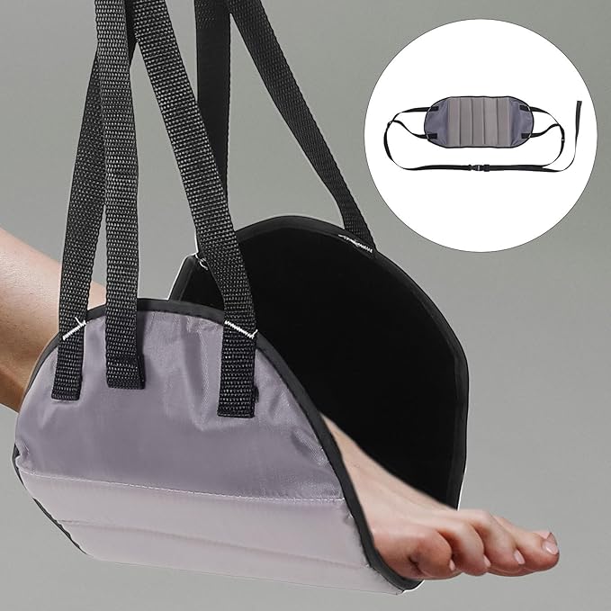 Travel Footrest Hammock for Airplane with Plush Deep Gray Fabric, Portable Under-Desk Foot Sling Cushion for Office and Long Flight Comfort