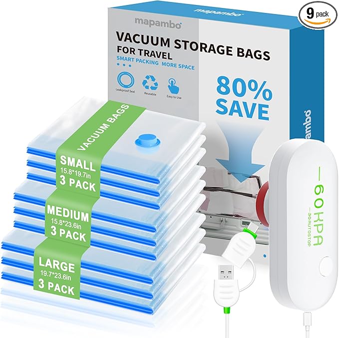 9 Pack Vacuum Seal Bags for Clothing Travel with -60000Pa USB Pump, Save 80% of Space for Clothes (9 Combo)