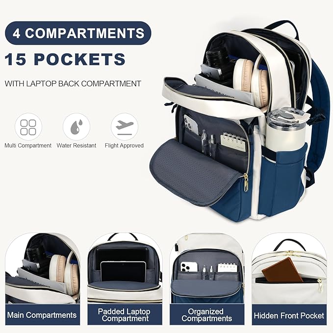 VANKEAN Laptop Backpack for Women with Pouch Pocket for Large Capacity Tumbler, 15.6 Inch Laptop Computer Bag Travel Backpack Purse,Waterproof Work Business College Teacher Bags, Beige-Haze blue