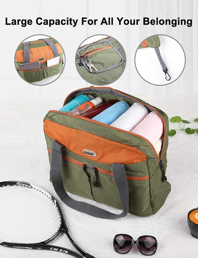 GOX Packable Tote Bag – Under Seat Airline Personal Item, Lightweight Foldable Travel Duffel 28L, Nylon Shoulder Bag for Women Men, Carry-on Weekender for Plane Gym (Green&Orange)