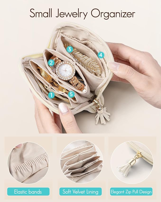 VLANDO Mini Jewelry Travel Case, Mothers Day Gifts for Mom, Jewelry Pouch Bags with Zipper, Velvet Jewelry Organizer Storage Bag for Bracelet Rings Earring Travel Essentials-White