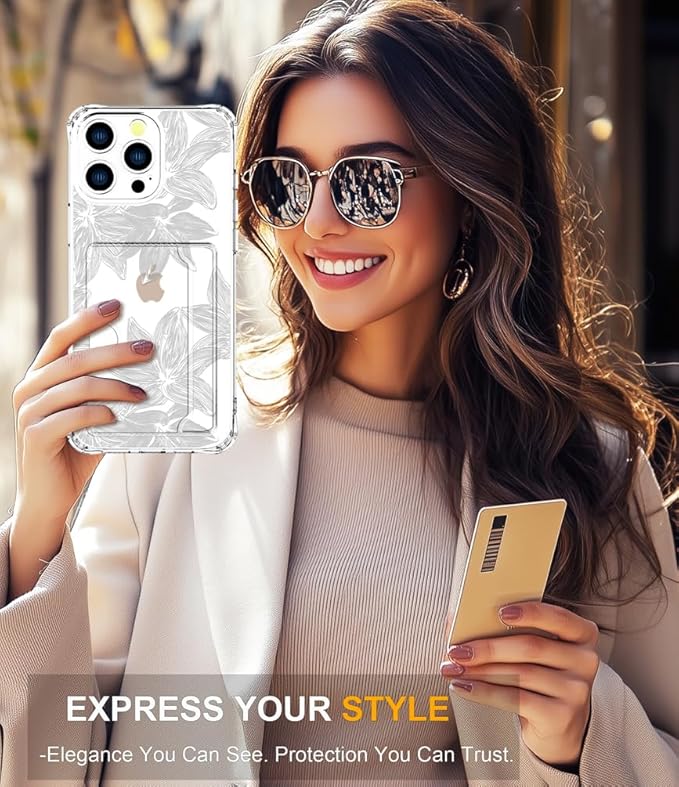 Compatible with iPhone 16 Pro Max Case Card Holder for Women Cute Design,Wallet Phone Cases Transparent Cool Kawaii Protective (Clear Flower White)