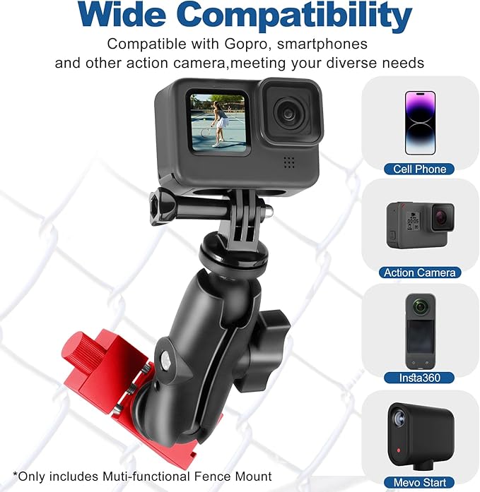 Fence Mount for Gopro, Aluminum Phone Fence Mount Compatible with Gopro, Mevo Start, Smartphone, Action Camera, Insta360, Game Changer Mounting Kit for Baseball, Softball, Tennis, Football Recording