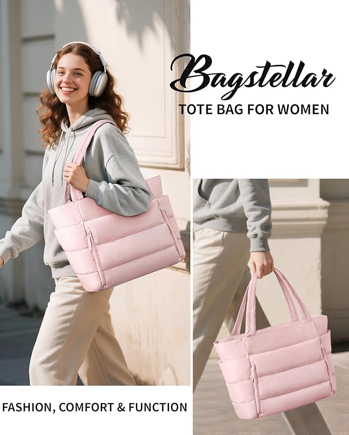 Bagstellar Puffer Tote Bag for Women, Lightweight Puffy Work Handbag Teacher Nurse Quilted Shoulder Bag for School Travel Gym | Cloud Bag w/ Zipper, Daily College Bags, 15.6" Computer Bag, Clinical Nursing Bag, 40 OZ Tumbler Holder, Ideal Gift for Women
