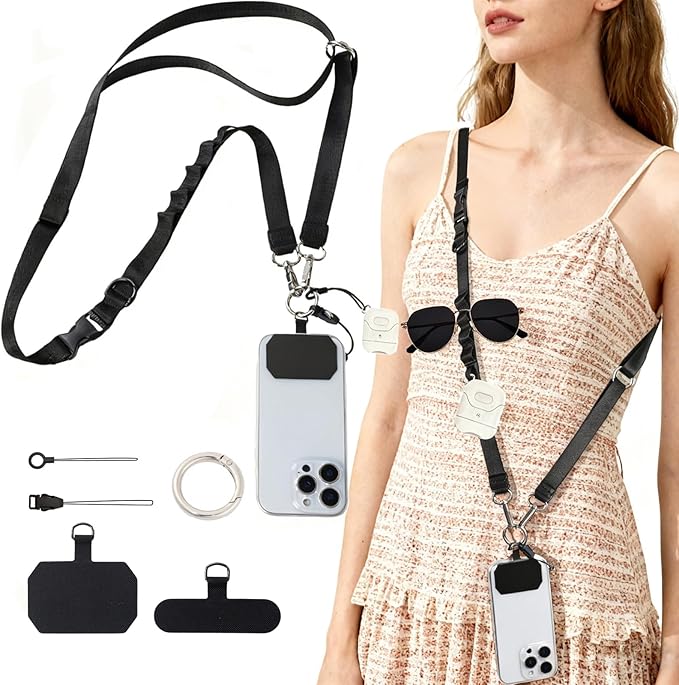 Cell Phone Lanyard with Detachable Phone Wrist Strap 3 in 1 Anti Theft Adjustable Crossbody Phone Strap Around the Neck, for Keys, ID Badges, Compatible with iPhone, Vacation Essentials, Black