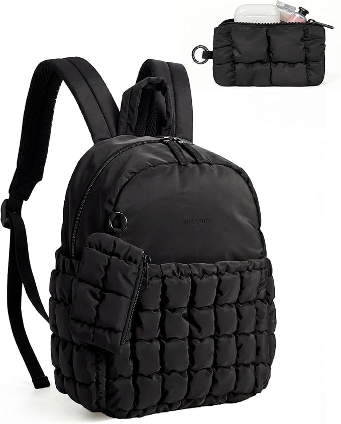 BAGSMART Mini Backpacks for Women, Puffy Checkered Quilted Small Backpack with Pouch, Lightweight Daypack Purse, Water-Resistant Bookbag for Daily Travel College, 2-in-1 Set, Black