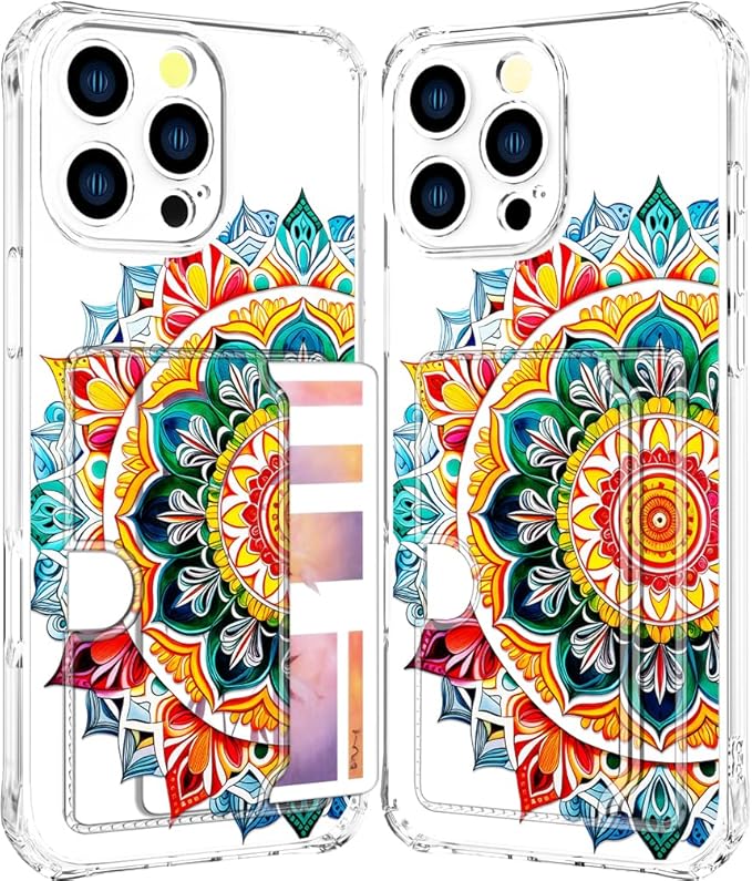 Compatible with iPhone 16 Pro Case Card Holder for Women Cute Design,Wallet Phone Cases Transparent Cool Kawaii Protective (Clear Mandala Henna Flower)