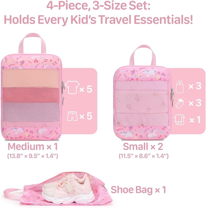 Kids Compression Packing Cubes, 4 Piece Set for Carry On Suitcase, Water Resistant Travel Luggage Organizers with Shoe Bag, Toddler Backpack Essentials (Pink Unicorn)