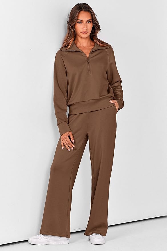 PRETTYGARDEN Women's 2 Piece Outfits Casual Lapel Half Zip Sweatshirts and Wide Leg Pants Tracksuit Sets